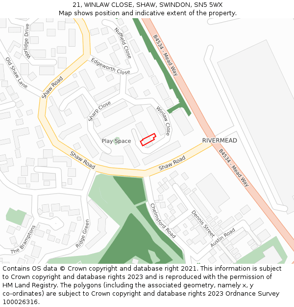 21, WINLAW CLOSE, SHAW, SWINDON, SN5 5WX: Location map and indicative extent of plot