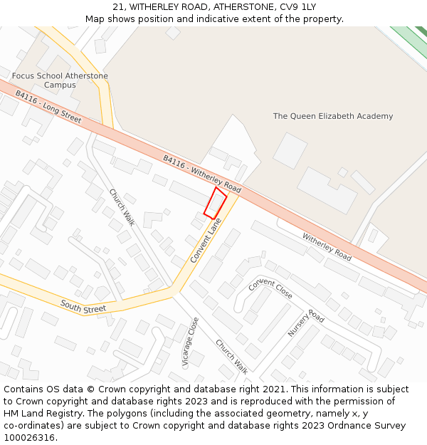 21, WITHERLEY ROAD, ATHERSTONE, CV9 1LY: Location map and indicative extent of plot