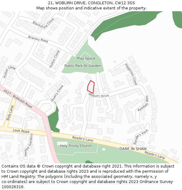 21, WOBURN DRIVE, CONGLETON, CW12 3SS: Location map and indicative extent of plot