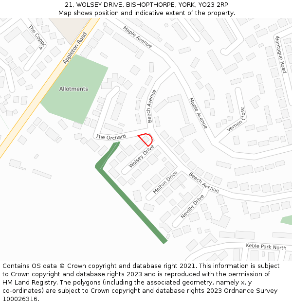 21, WOLSEY DRIVE, BISHOPTHORPE, YORK, YO23 2RP: Location map and indicative extent of plot