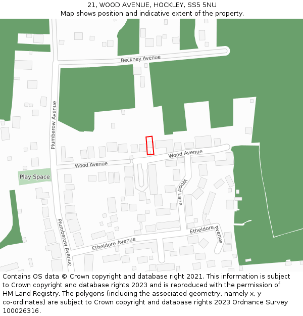 21, WOOD AVENUE, HOCKLEY, SS5 5NU: Location map and indicative extent of plot