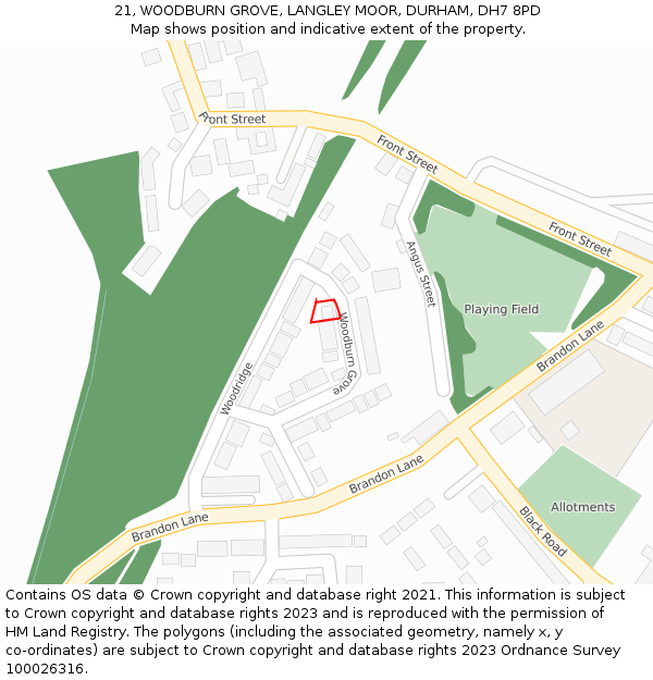 21, WOODBURN GROVE, LANGLEY MOOR, DURHAM, DH7 8PD: Location map and indicative extent of plot
