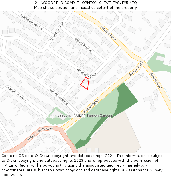 21, WOODFIELD ROAD, THORNTON-CLEVELEYS, FY5 4EQ: Location map and indicative extent of plot