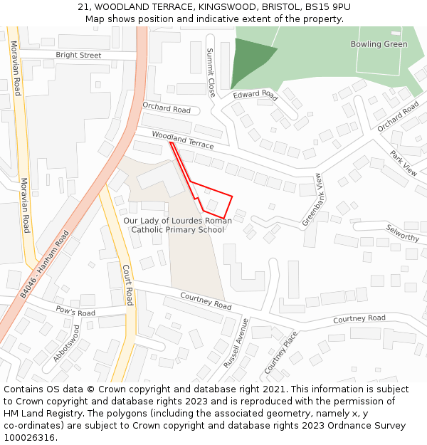 21, WOODLAND TERRACE, KINGSWOOD, BRISTOL, BS15 9PU: Location map and indicative extent of plot