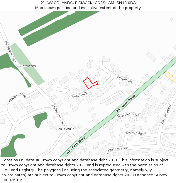 21, WOODLANDS, PICKWICK, CORSHAM, SN13 0DA: Location map and indicative extent of plot
