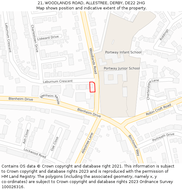 21, WOODLANDS ROAD, ALLESTREE, DERBY, DE22 2HG: Location map and indicative extent of plot