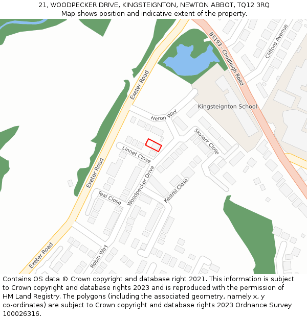 21, WOODPECKER DRIVE, KINGSTEIGNTON, NEWTON ABBOT, TQ12 3RQ: Location map and indicative extent of plot