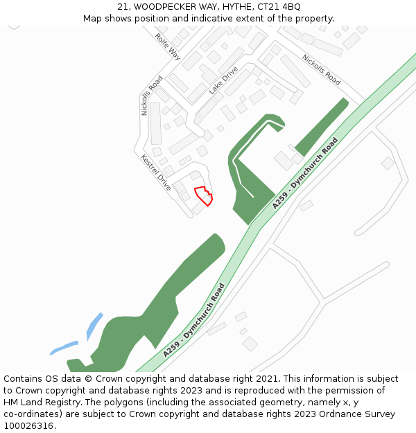 21, WOODPECKER WAY, HYTHE, CT21 4BQ: Location map and indicative extent of plot