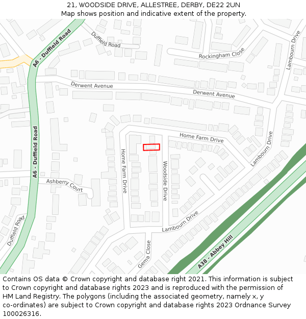 21, WOODSIDE DRIVE, ALLESTREE, DERBY, DE22 2UN: Location map and indicative extent of plot