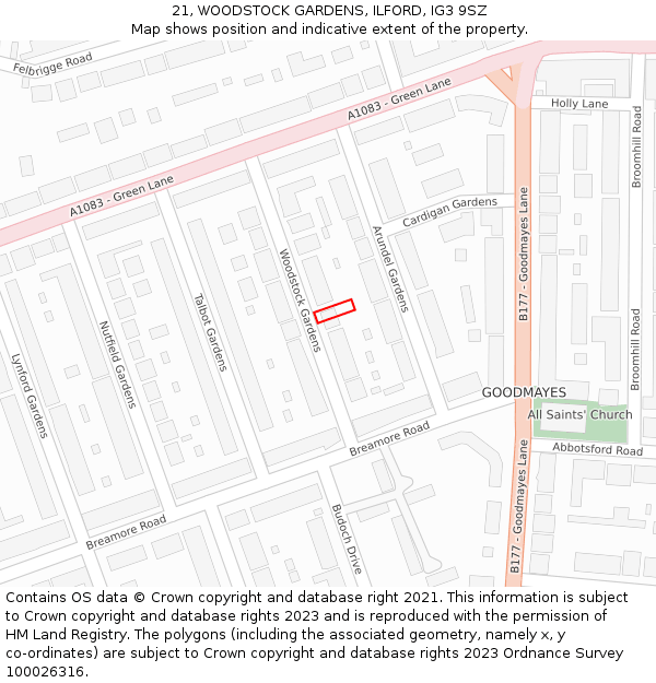 21, WOODSTOCK GARDENS, ILFORD, IG3 9SZ: Location map and indicative extent of plot