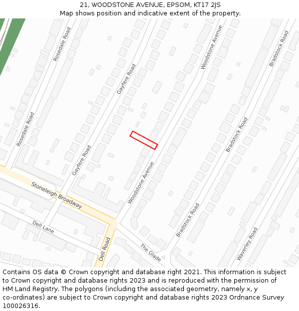 21, WOODSTONE AVENUE, EPSOM, KT17 2JS: Location map and indicative extent of plot