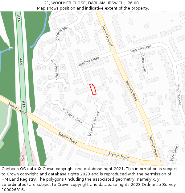 21, WOOLNER CLOSE, BARHAM, IPSWICH, IP6 0DL: Location map and indicative extent of plot