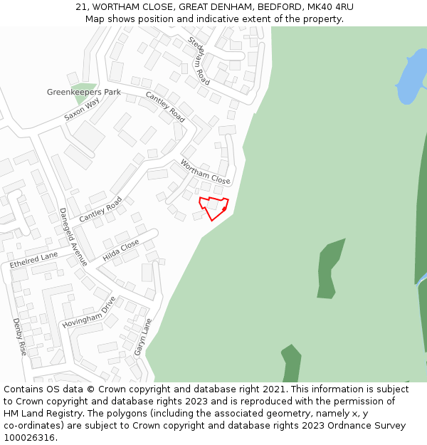 21, WORTHAM CLOSE, GREAT DENHAM, BEDFORD, MK40 4RU: Location map and indicative extent of plot