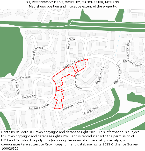 21, WRENSWOOD DRIVE, WORSLEY, MANCHESTER, M28 7GS: Location map and indicative extent of plot