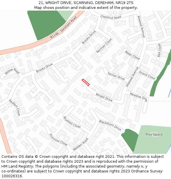 21, WRIGHT DRIVE, SCARNING, DEREHAM, NR19 2TS: Location map and indicative extent of plot