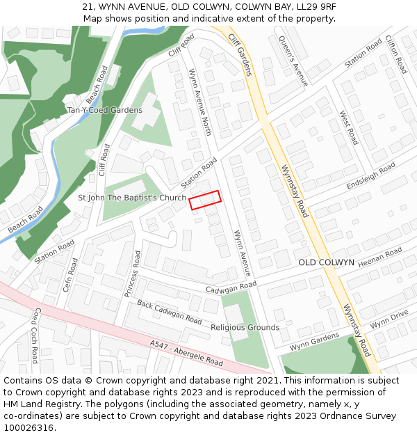 21, WYNN AVENUE, OLD COLWYN, COLWYN BAY, LL29 9RF: Location map and indicative extent of plot