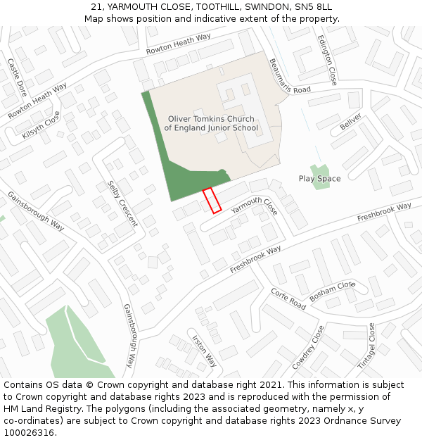 21, YARMOUTH CLOSE, TOOTHILL, SWINDON, SN5 8LL: Location map and indicative extent of plot