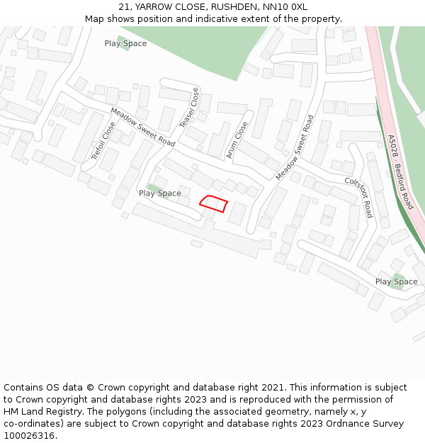 21, YARROW CLOSE, RUSHDEN, NN10 0XL: Location map and indicative extent of plot
