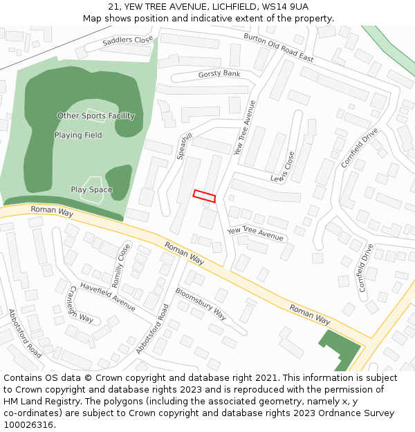 21, YEW TREE AVENUE, LICHFIELD, WS14 9UA: Location map and indicative extent of plot
