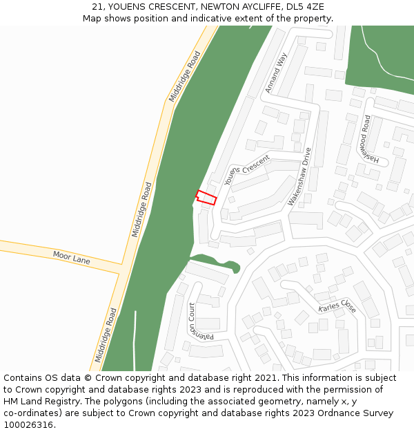 21, YOUENS CRESCENT, NEWTON AYCLIFFE, DL5 4ZE: Location map and indicative extent of plot