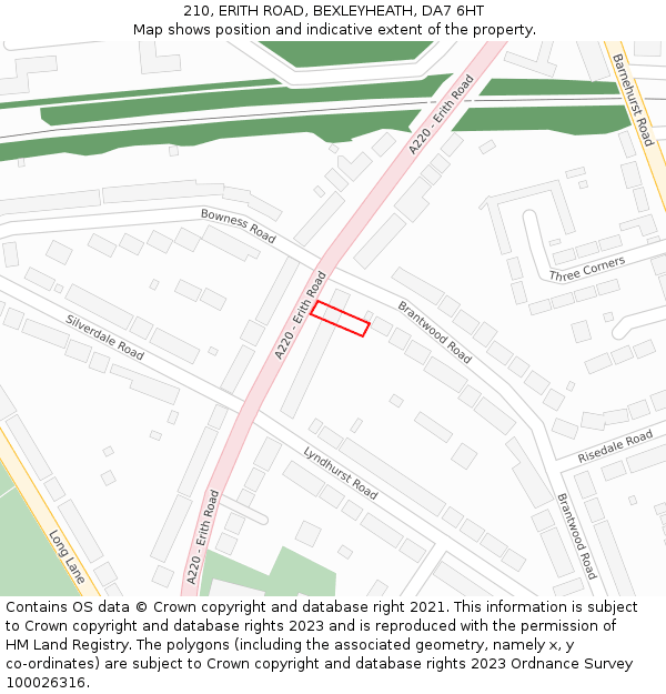 210, ERITH ROAD, BEXLEYHEATH, DA7 6HT: Location map and indicative extent of plot