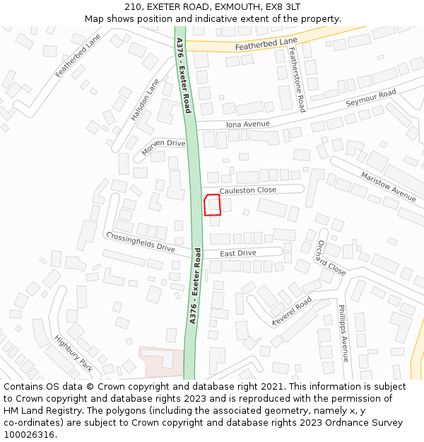 210, EXETER ROAD, EXMOUTH, EX8 3LT: Location map and indicative extent of plot