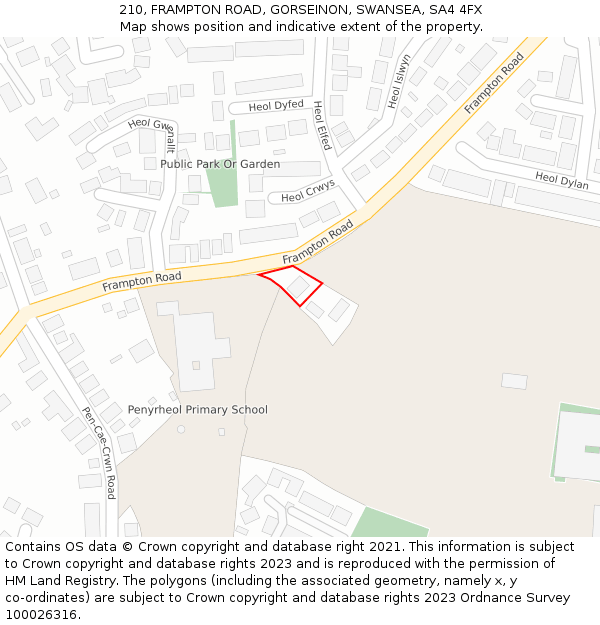 210, FRAMPTON ROAD, GORSEINON, SWANSEA, SA4 4FX: Location map and indicative extent of plot