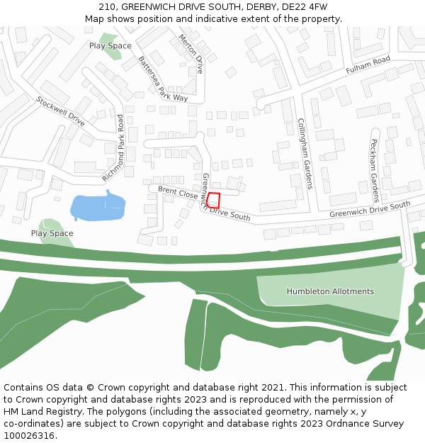 210, GREENWICH DRIVE SOUTH, DERBY, DE22 4FW: Location map and indicative extent of plot