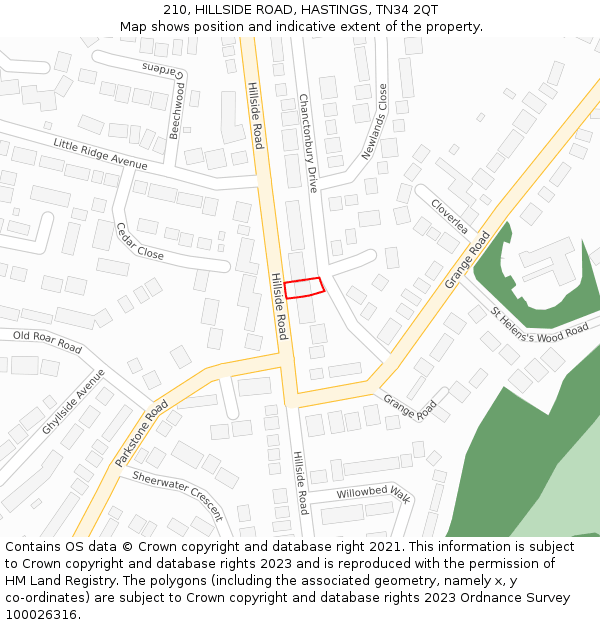 210, HILLSIDE ROAD, HASTINGS, TN34 2QT: Location map and indicative extent of plot