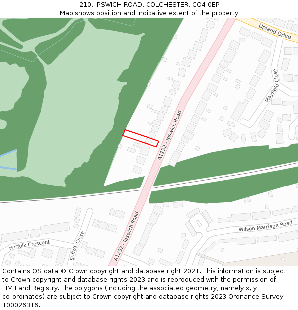 210, IPSWICH ROAD, COLCHESTER, CO4 0EP: Location map and indicative extent of plot