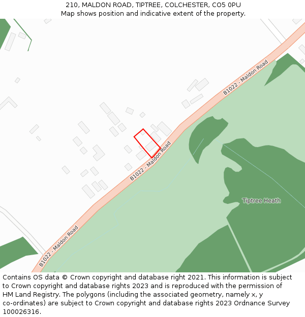 210, MALDON ROAD, TIPTREE, COLCHESTER, CO5 0PU: Location map and indicative extent of plot