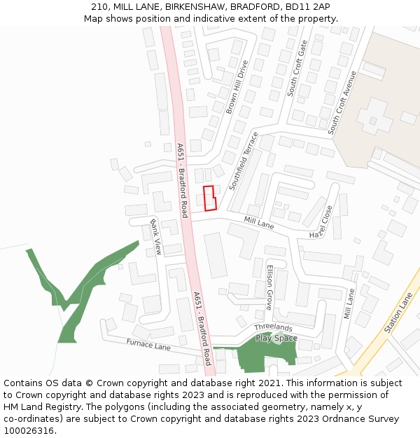 210, MILL LANE, BIRKENSHAW, BRADFORD, BD11 2AP: Location map and indicative extent of plot