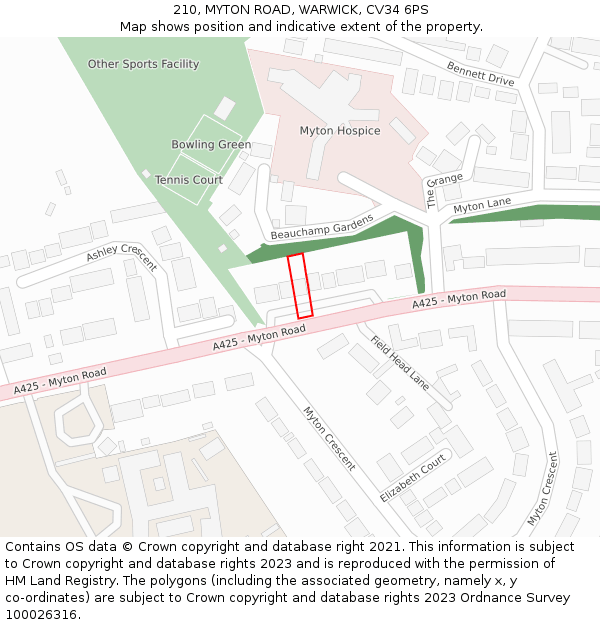 210, MYTON ROAD, WARWICK, CV34 6PS: Location map and indicative extent of plot