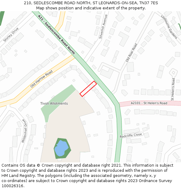 210, SEDLESCOMBE ROAD NORTH, ST LEONARDS-ON-SEA, TN37 7ES: Location map and indicative extent of plot