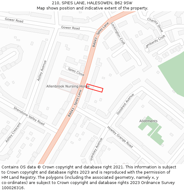 210, SPIES LANE, HALESOWEN, B62 9SW: Location map and indicative extent of plot