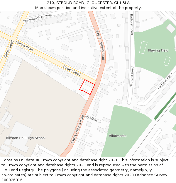 210, STROUD ROAD, GLOUCESTER, GL1 5LA: Location map and indicative extent of plot