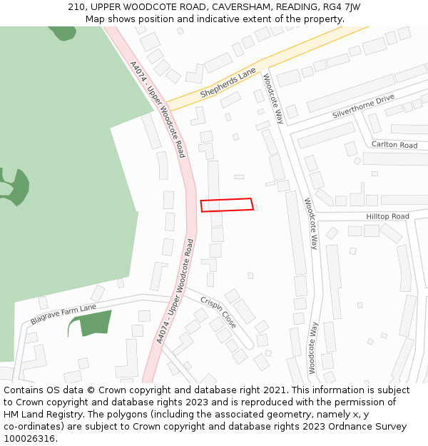 210, UPPER WOODCOTE ROAD, CAVERSHAM, READING, RG4 7JW: Location map and indicative extent of plot