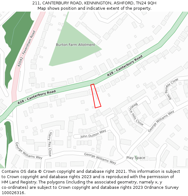 211, CANTERBURY ROAD, KENNINGTON, ASHFORD, TN24 9QH: Location map and indicative extent of plot