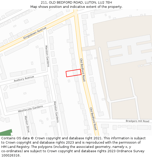 211, OLD BEDFORD ROAD, LUTON, LU2 7EH: Location map and indicative extent of plot