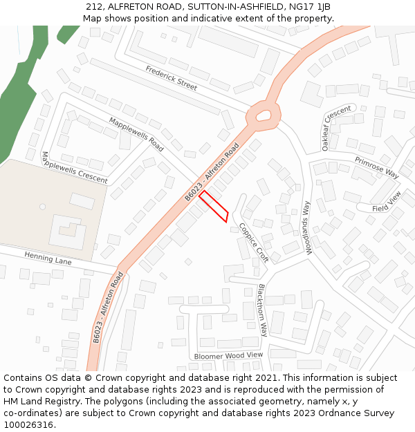 212, ALFRETON ROAD, SUTTON-IN-ASHFIELD, NG17 1JB: Location map and indicative extent of plot