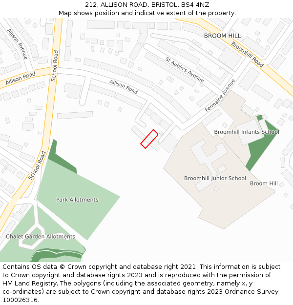 212, ALLISON ROAD, BRISTOL, BS4 4NZ: Location map and indicative extent of plot