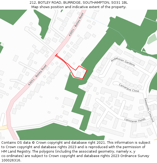 212, BOTLEY ROAD, BURRIDGE, SOUTHAMPTON, SO31 1BL: Location map and indicative extent of plot