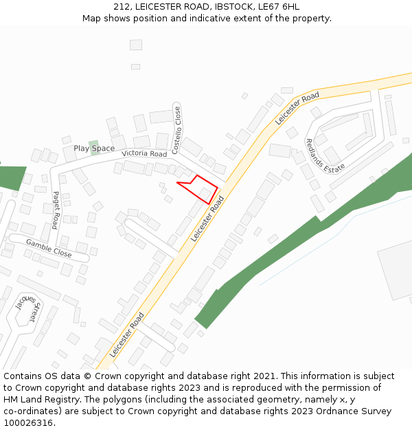 212, LEICESTER ROAD, IBSTOCK, LE67 6HL: Location map and indicative extent of plot