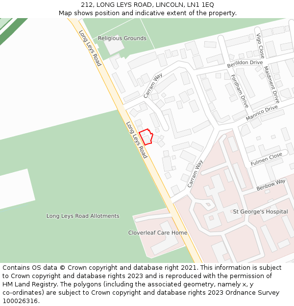 212, LONG LEYS ROAD, LINCOLN, LN1 1EQ: Location map and indicative extent of plot