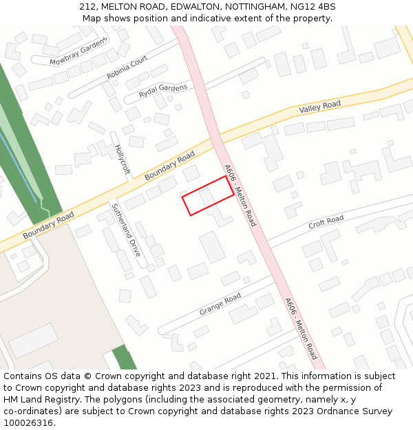 212, MELTON ROAD, EDWALTON, NOTTINGHAM, NG12 4BS: Location map and indicative extent of plot