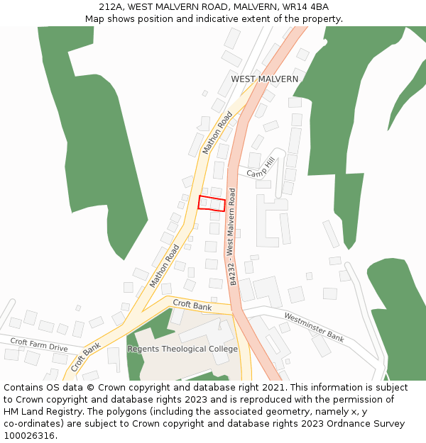 212A, WEST MALVERN ROAD, MALVERN, WR14 4BA: Location map and indicative extent of plot