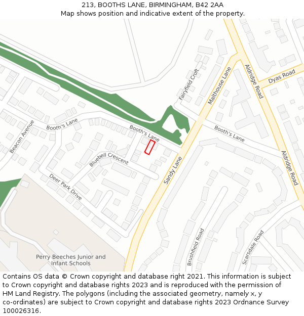 213, BOOTHS LANE, BIRMINGHAM, B42 2AA: Location map and indicative extent of plot