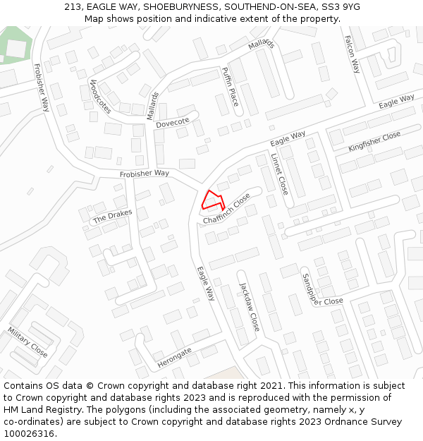 213, EAGLE WAY, SHOEBURYNESS, SOUTHEND-ON-SEA, SS3 9YG: Location map and indicative extent of plot