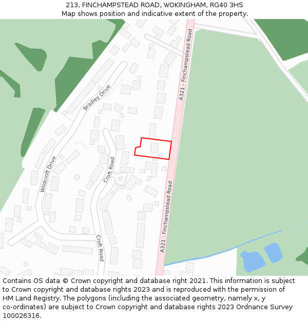 213, FINCHAMPSTEAD ROAD, WOKINGHAM, RG40 3HS: Location map and indicative extent of plot