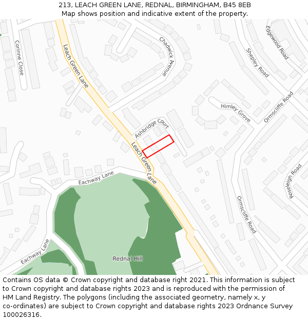213, LEACH GREEN LANE, REDNAL, BIRMINGHAM, B45 8EB: Location map and indicative extent of plot
